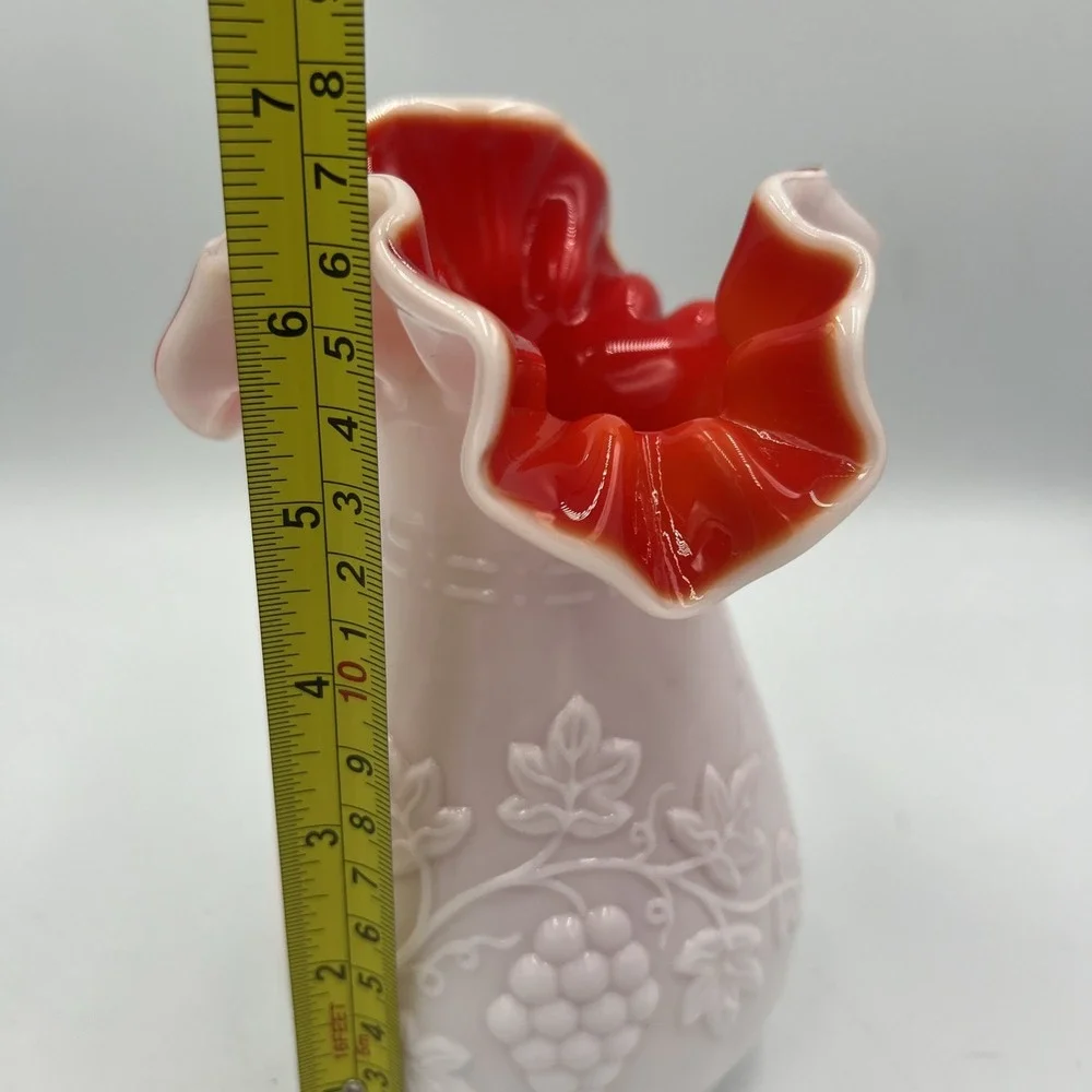 VTG Kanawha Pink Cased Glass Vase‎ w/ Ruby Red Interior Grape & Vine Ruffle